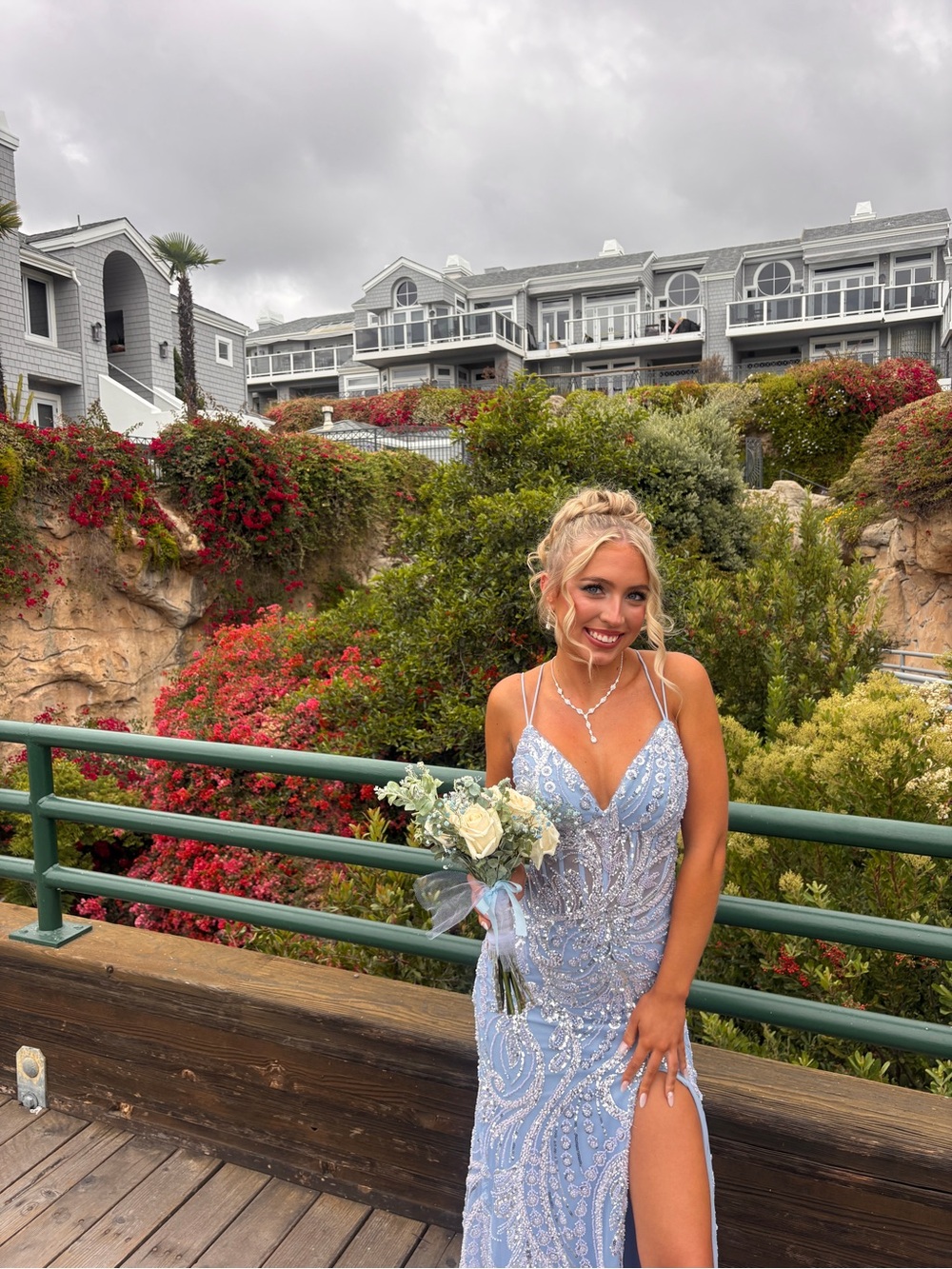 Sherri Hill Light Blue Beaded Prom Dress with Thigh Slit - Picture 5 of 8